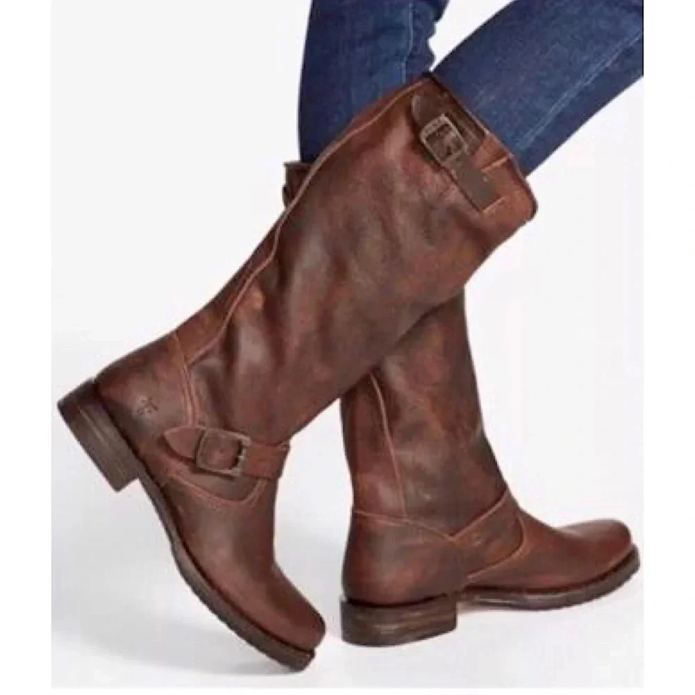 $399 Frye Veronica Slouch Tan Brown Tan Leather Engineer Moto Tall Buckle Boot